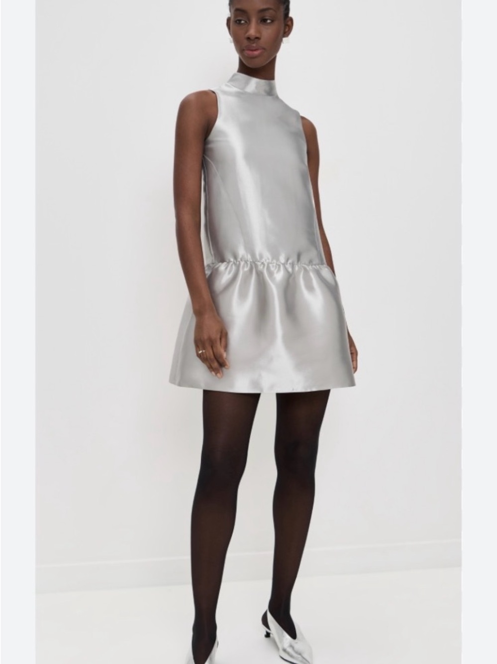 Silver Satin Sleeveless Mock Neck Dress